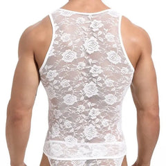 a sexy man in white Mothers Roses Lace Tank – pridevoyageshopcom – gay mens clubwear mesh tanks crop tops fashion tops partywear activewear