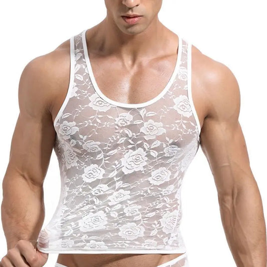 a sexy man in white Mothers Roses Lace Tank – pridevoyageshopcom – gay mens clubwear mesh tanks crop tops fashion tops partywear activewear
