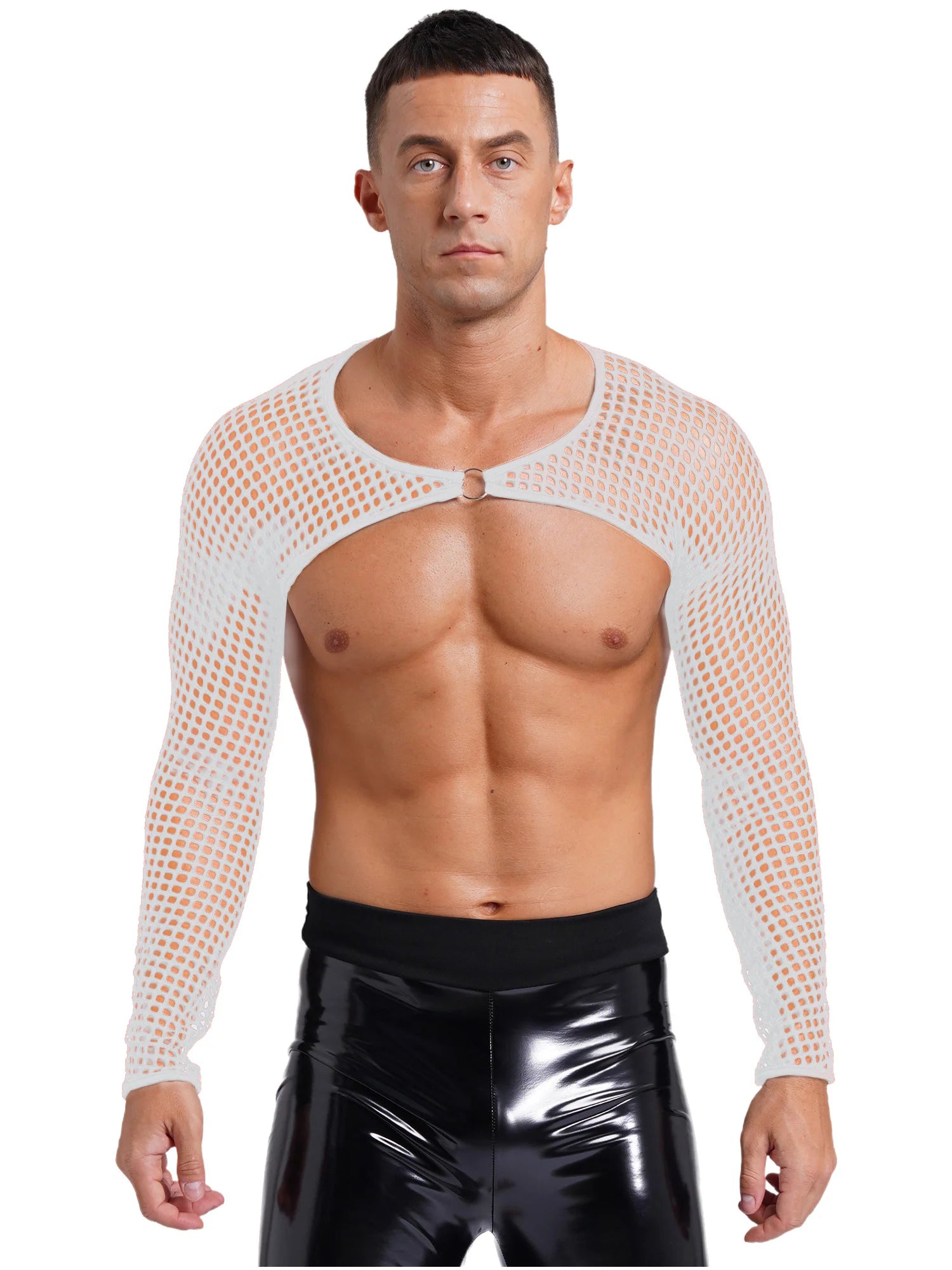 a sexy man in white Night Bracer Ring Net Shrug - pridevoyageshop.com - gay men’s harness, lingerie and fetish wear
