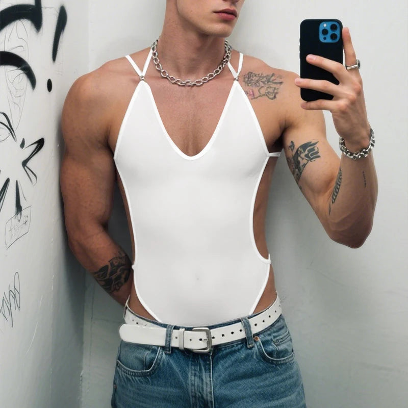 a sexy man in white Night Shift Keyhole Halter Bodysuit with chest cut-out and sleek halter fit accentuating defined torso – pridevoyageshop.com – gay men’s harness, lingerie and fetish wear