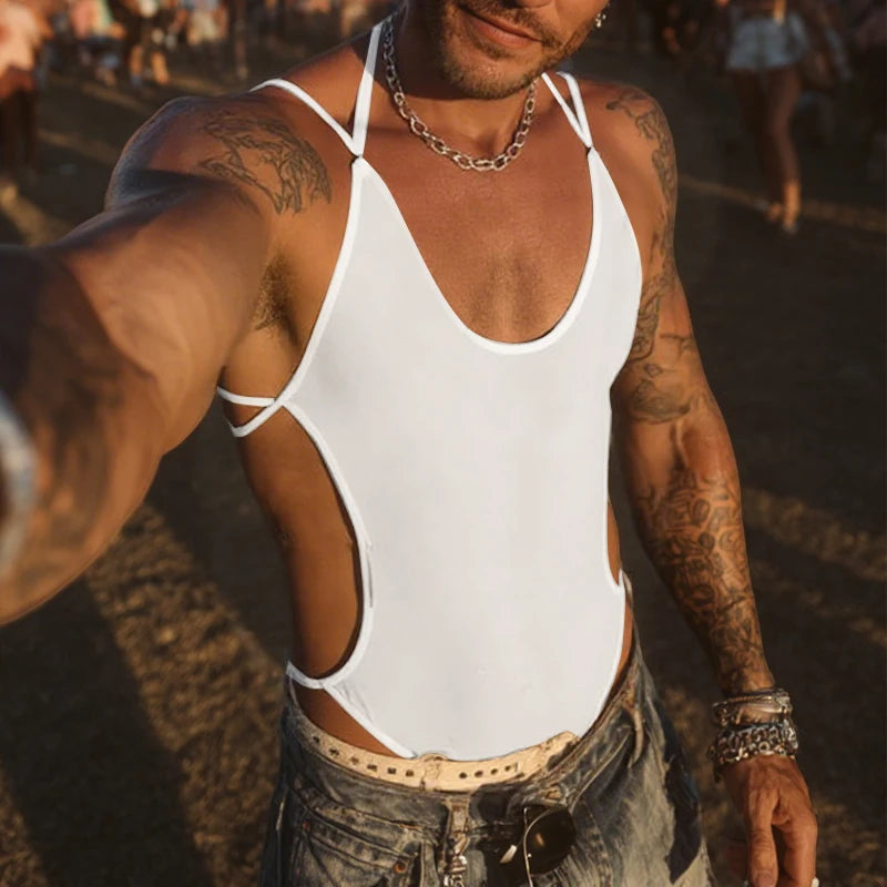 a sexy man in white Night Shift Keyhole Halter Bodysuit with chest cut-out and sleek halter fit accentuating defined torso – pridevoyageshop.com – gay men’s harness, lingerie and fetish wear