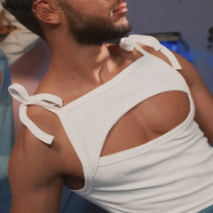 a sexy man in white PecaBoo Bow Crop – pridevoyageshopcom – gay mens clubwear mesh tanks crop tops fashion tops partywear activewear