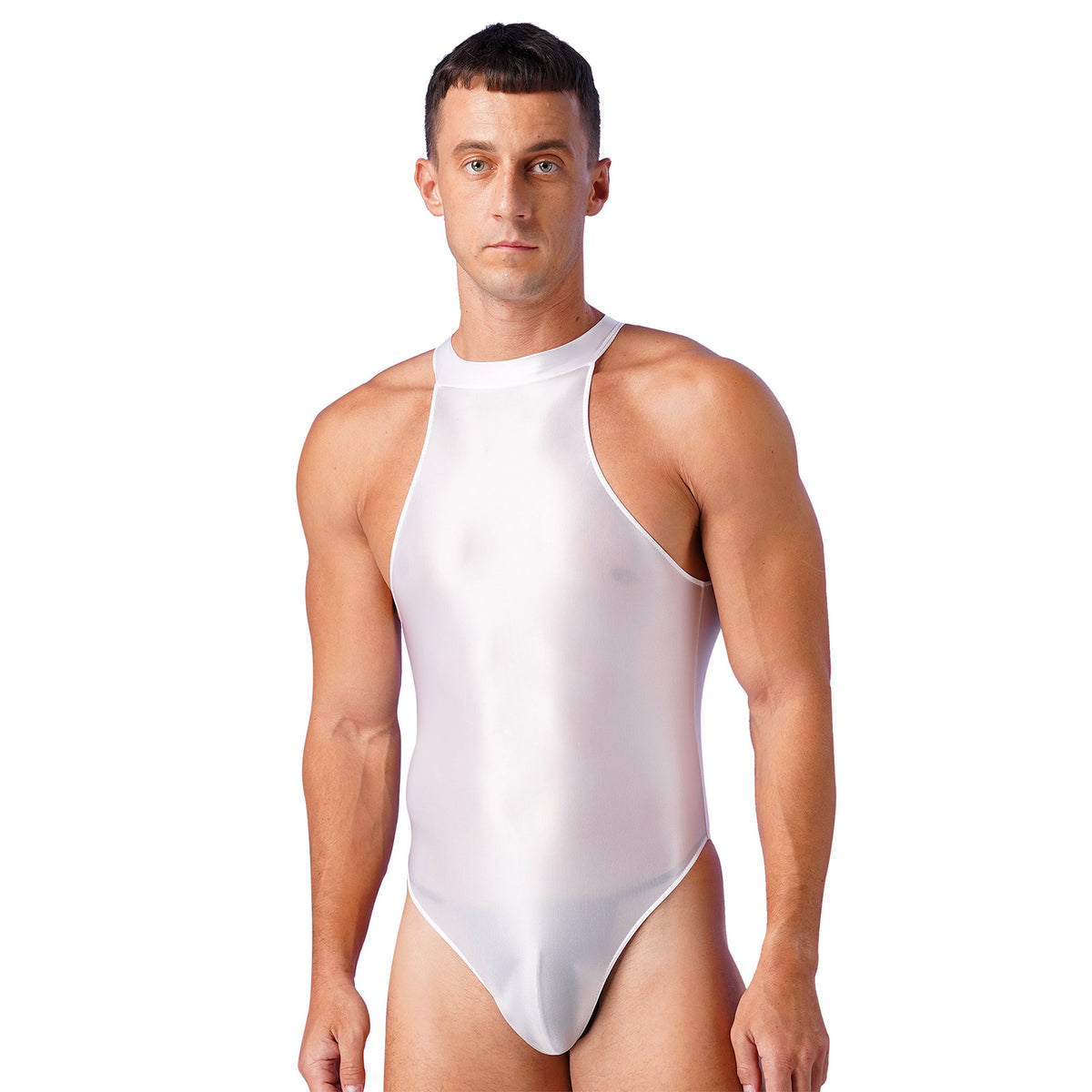 a sexy man in white Profile High-Neck Halter Leotard showing sleek halter neckline and sculpted torso, high-cut fit – pridevoyageshop.com – gay men’s harness, lingerie and fetish wear