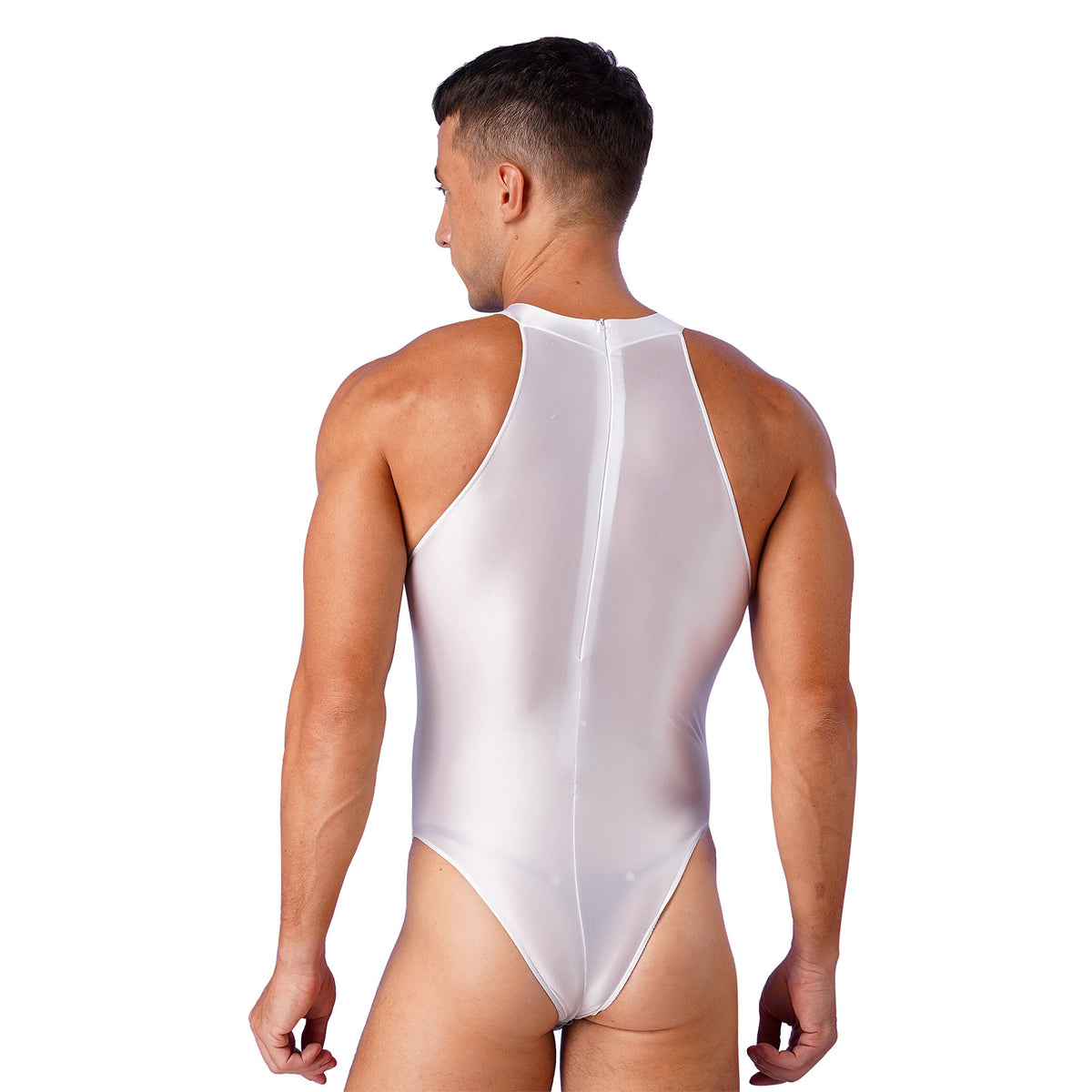 a sexy man in white Profile High-Neck Halter Leotard showing sleek halter neckline and sculpted torso, high-cut fit – pridevoyageshop.com – gay men’s harness, lingerie and fetish wear