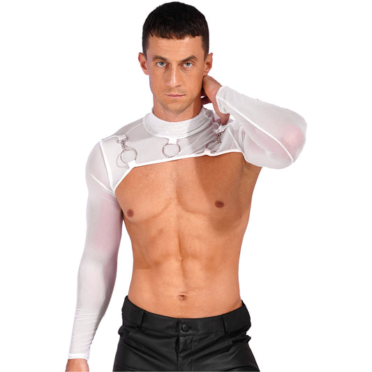 a sexy man in white Ringleader O-Ring Mesh Bolero - pridevoyageshop.com - gay men’s harness, lingerie and fetish wear
