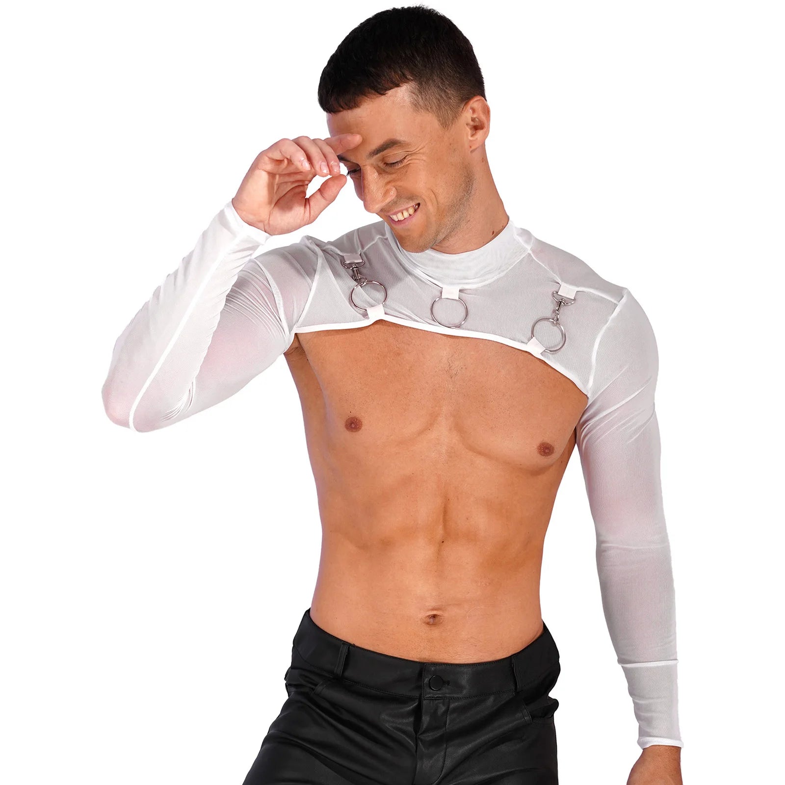 a sexy man in white Ringleader O-Ring Mesh Bolero - pridevoyageshop.com - gay men’s harness, lingerie and fetish wear