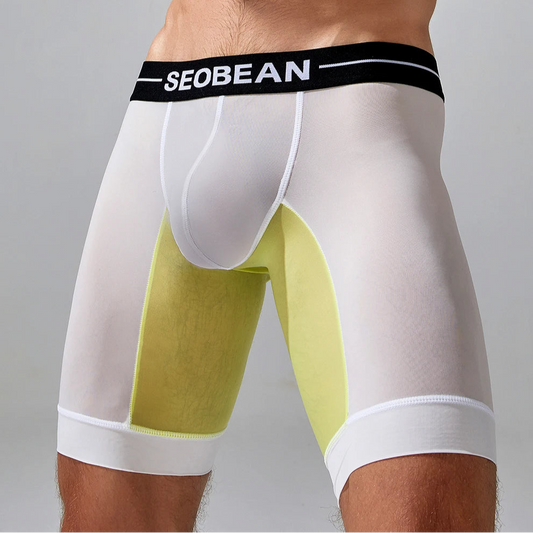 a sexy man in white SEOBEAN Men’s Dominion Long Sheer Boxer Briefs – pridevoyageshop.com – gay men’s sexy swim briefs, trunks, board shorts, and bikinis