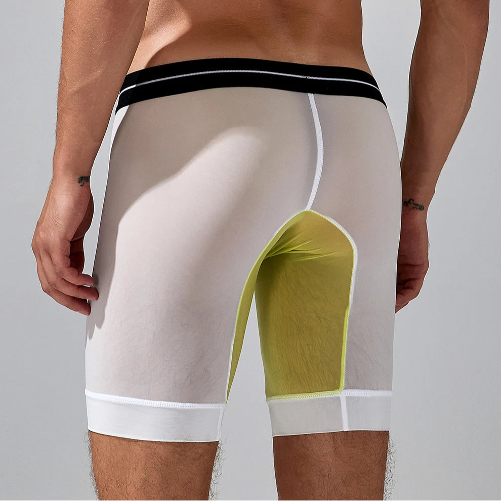 a sexy man in white SEOBEAN Men’s Dominion Long Sheer Boxer Briefs – pridevoyageshop.com – gay men’s sexy swim briefs, trunks, board shorts, and bikinis