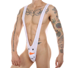 a sexy man in white Secret Santa Snowman sling flat lay, festive sexy snowman pouch, micro straps and jock-back cut, holiday kink underwear – pridevoyageshop.com – gay men’s harness, lingerie and fetish wear