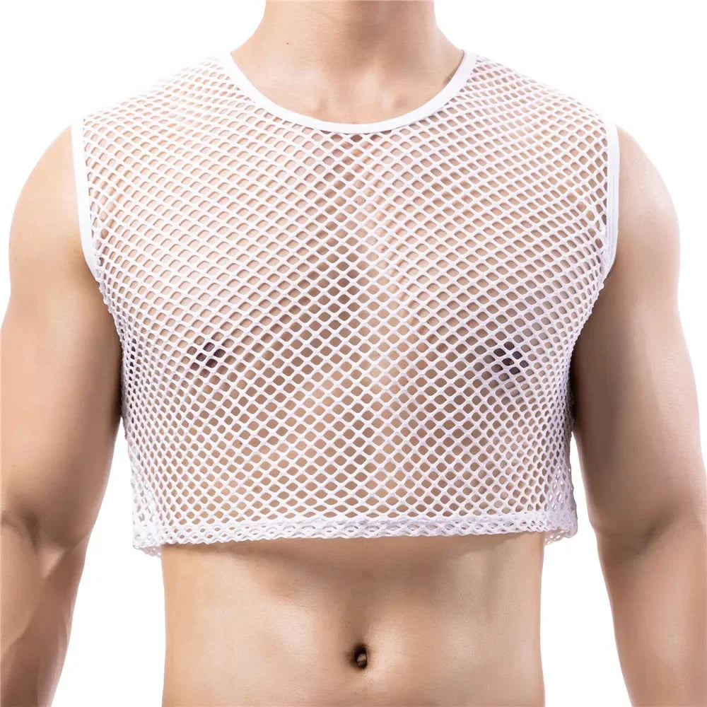 a sexy man in white Short Circuit Net Crop - pridevoyageshop.com - gay men’s harness, lingerie and fetish wear