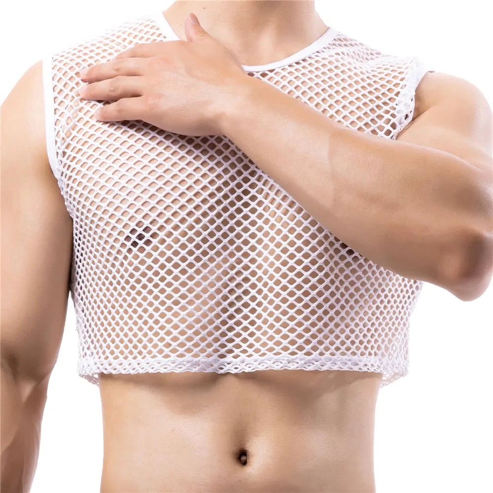 a sexy man in white Short Circuit Net Crop - pridevoyageshop.com - gay men’s harness, lingerie and fetish wear