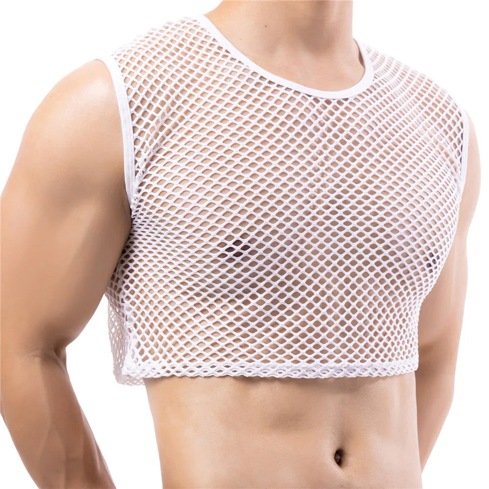 a sexy man in white Short Circuit Net Crop - pridevoyageshop.com - gay men’s harness, lingerie and fetish wear