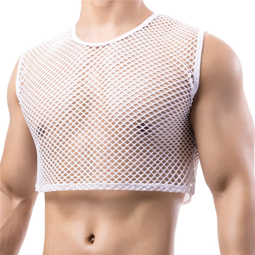 a sexy man in white Short Circuit Net Crop - pridevoyageshop.com - gay men’s harness, lingerie and fetish wear
