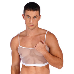 a sexy man in white Signal Boost Fishnet Cami - pridevoyageshop.com - gay men’s harness, lingerie and fetish wear