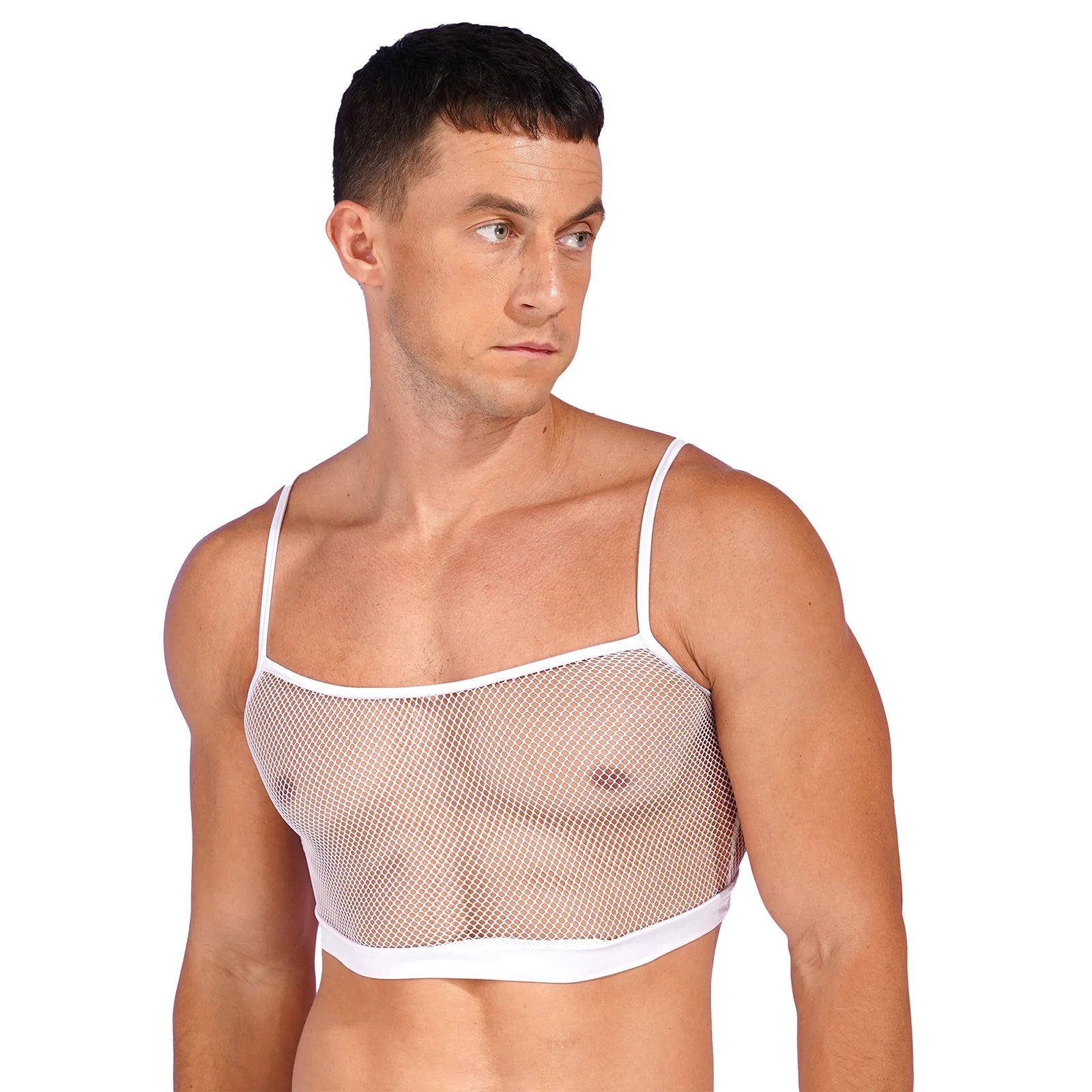 a sexy man in white Signal Boost Fishnet Cami - pridevoyageshop.com - gay men’s harness, lingerie and fetish wear