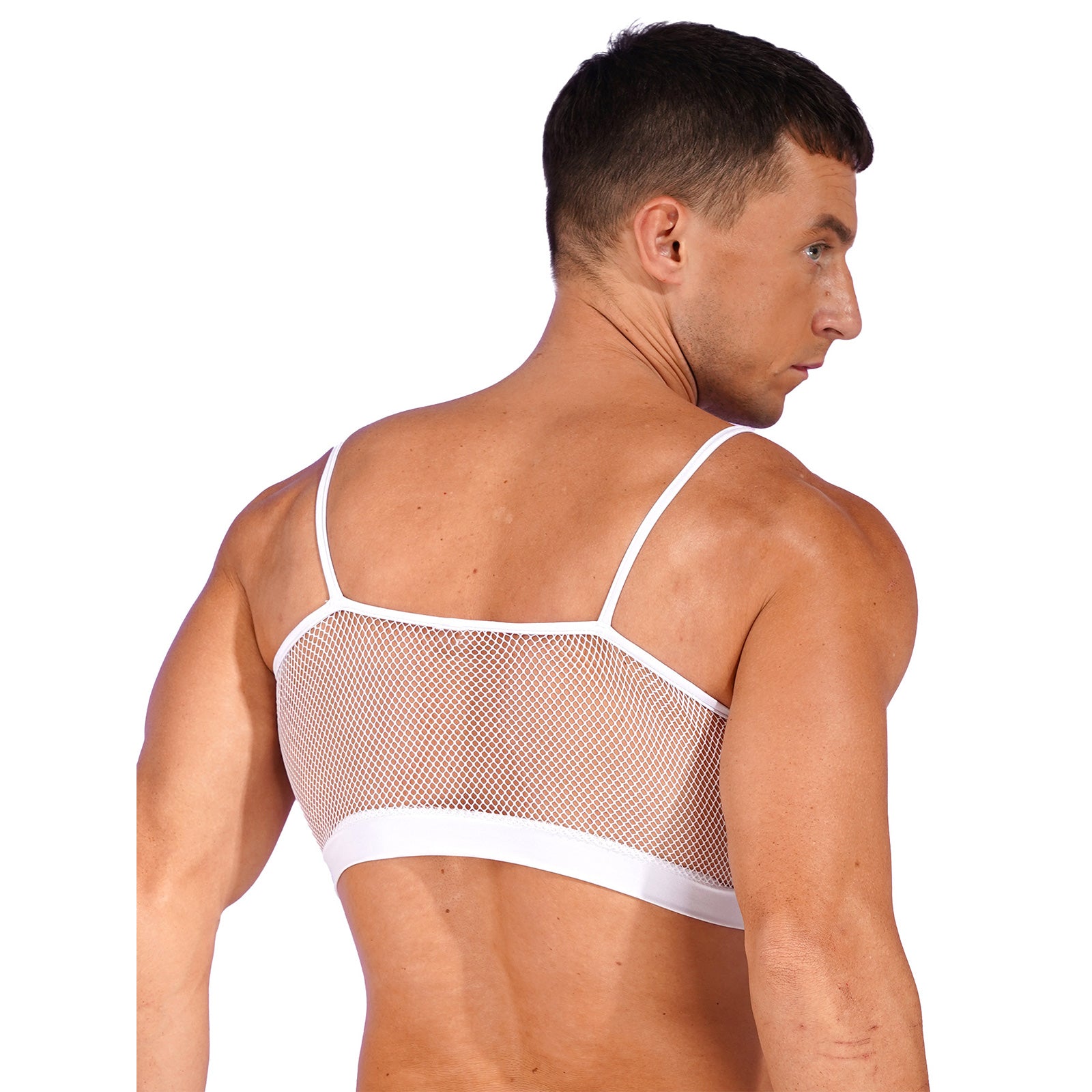 a sexy man in white Signal Boost Fishnet Cami - pridevoyageshop.com - gay men’s harness, lingerie and fetish wear