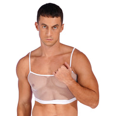 a sexy man in white Signal Boost Fishnet Cami - pridevoyageshop.com - gay men’s harness, lingerie and fetish wear