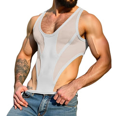 a sexy man in white South Beach Deco Sheer Leotard – pridevoyageshop.com – gay men’s harness, lingerie and fetish wear