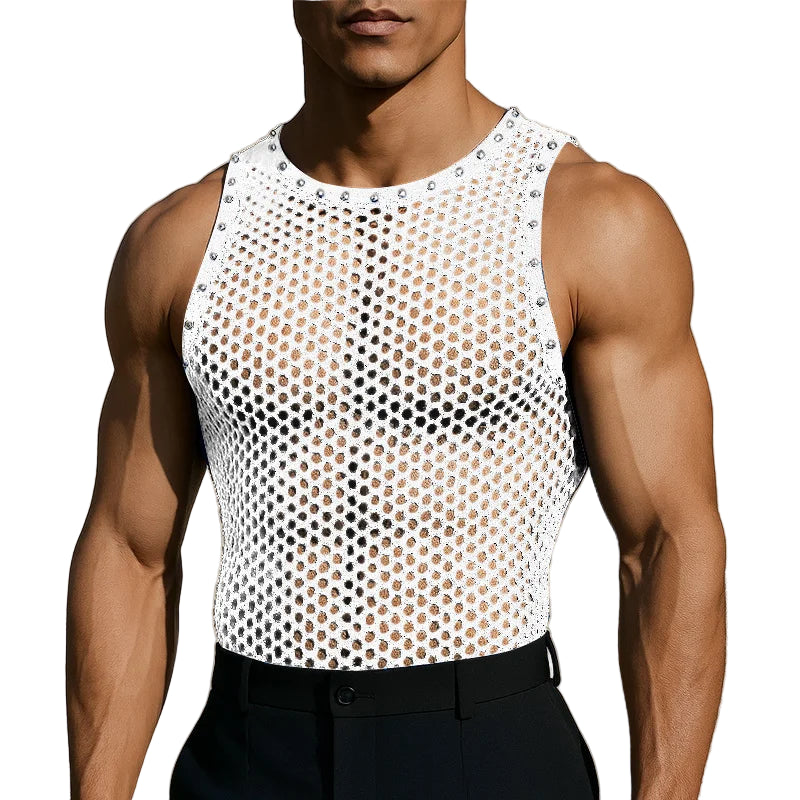 a sexy man in white Studded Showboi Mesh Tank – pridevoyageshopcom – gay mens clubwear mesh tanks crop tops fashion tops partywear activewear