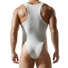 a sexy man in white Submission Rib Thong Bodysuit – pridevoyageshop.com – gay men’s harness, lingerie and fetish wear