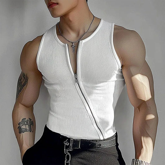 a sexy man in white The Main Drag Zip Rib Vest - pridevoyageshop.com - gay men’s harness, lingerie and fetish wear