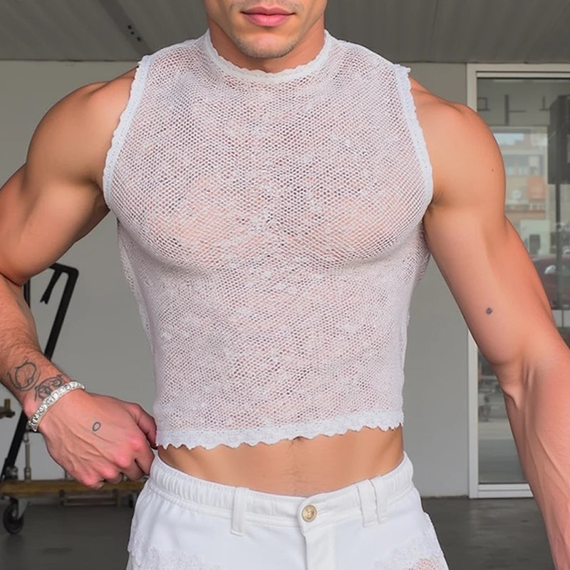 a sexy man in white The Parlor Boy Lace Tank – pridevoyageshopcom – gay mens clubwear mesh tanks crop tops fashion tops partywear activewear