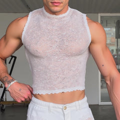 a sexy man in white The Parlor Boy Lace Tank – pridevoyageshopcom – gay mens clubwear mesh tanks crop tops fashion tops partywear activewear