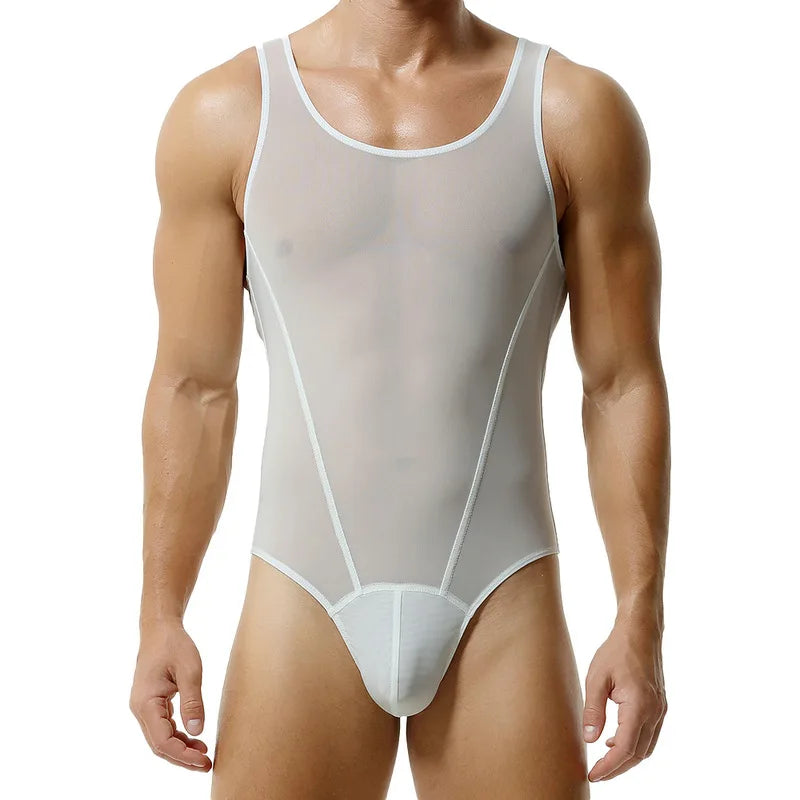 a sexy man in white The Preview Sheer Bodysuit – pridevoyageshop.com – gay men’s harness, lingerie and fetish wear