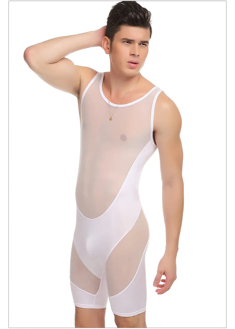 a sexy man in white The Veil Sheer Singlet – pridevoyageshop.com – gay men’s harness, lingerie and fetish wear