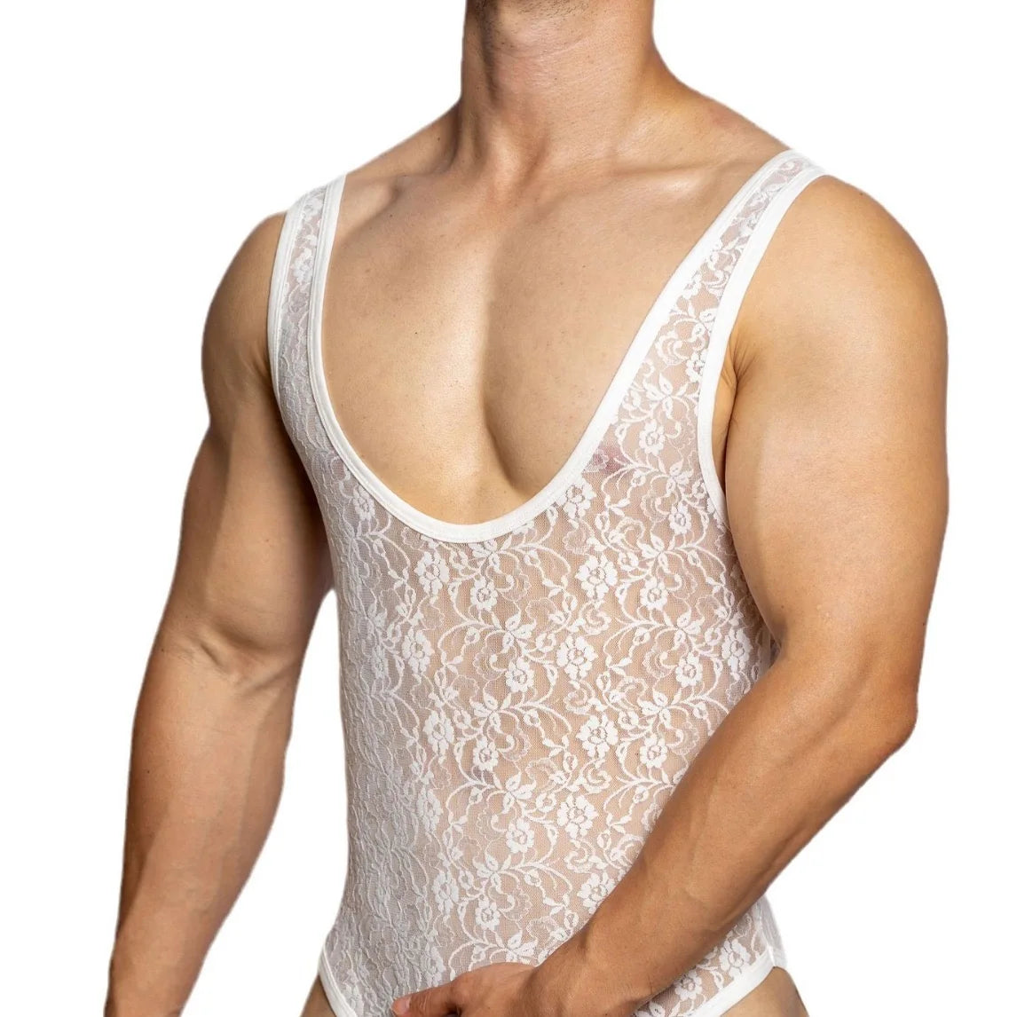 a sexy man in white Thorn Lace Tank Bodysuit – pridevoyageshop.com – gay men’s harness, lingerie and fetish wear