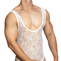 a sexy man in white Thorn Lace Tank Bodysuit – pridevoyageshop.com – gay men’s harness, lingerie and fetish wear