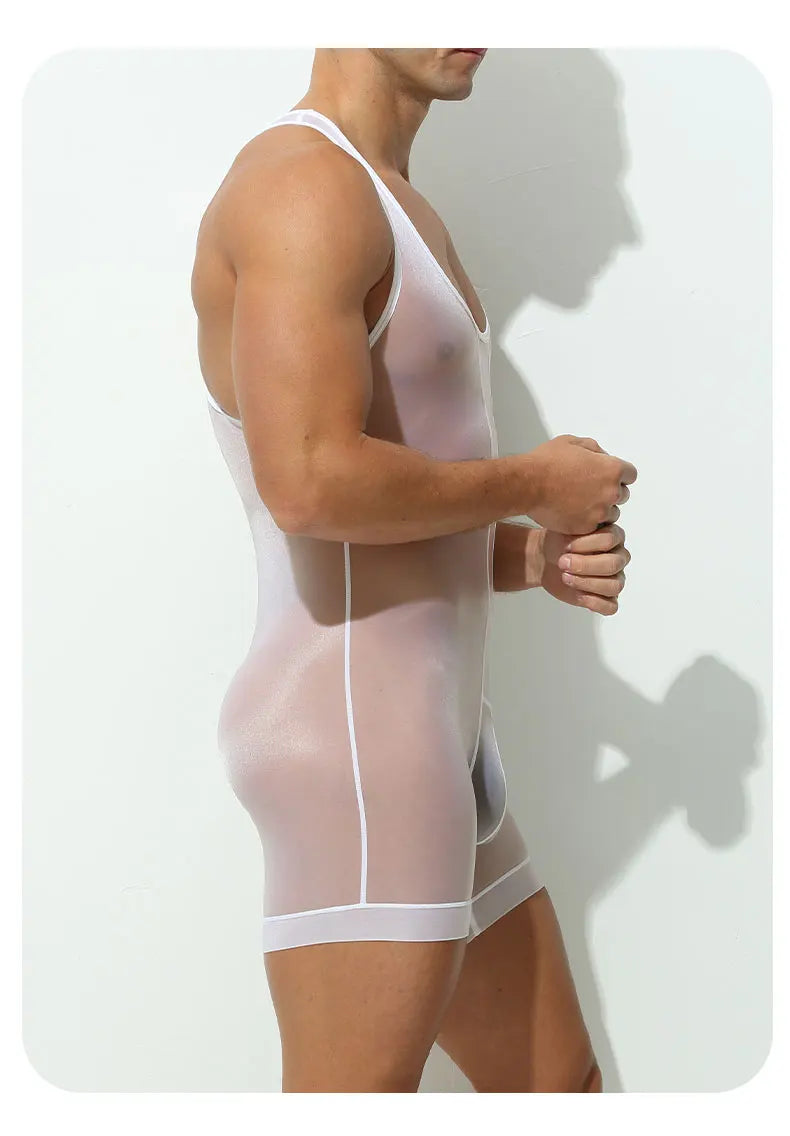 a sexy man in white Uncensored Sheer-Stripe Singlet, sheer stripe stretch fabric, exposed torso outline, seductive athletic cut – pridevoyageshop.com – gay men’s harness, lingerie and fetish 