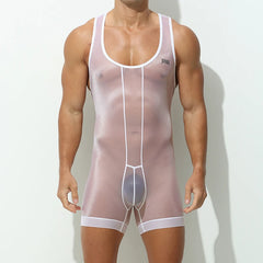 a sexy man in white Uncensored Sheer-Stripe Singlet, sheer stripe stretch fabric, exposed torso outline, seductive athletic cut – pridevoyageshop.com – gay men’s harness, lingerie and fetish 