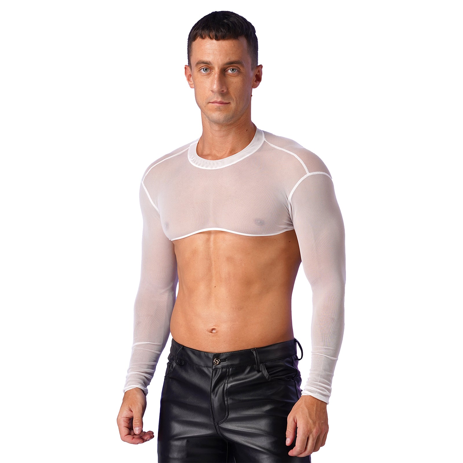 a sexy man in white Underline Sheer Mesh Shrug - pridevoyageshop.com - gay men’s harness, lingerie and fetish wear