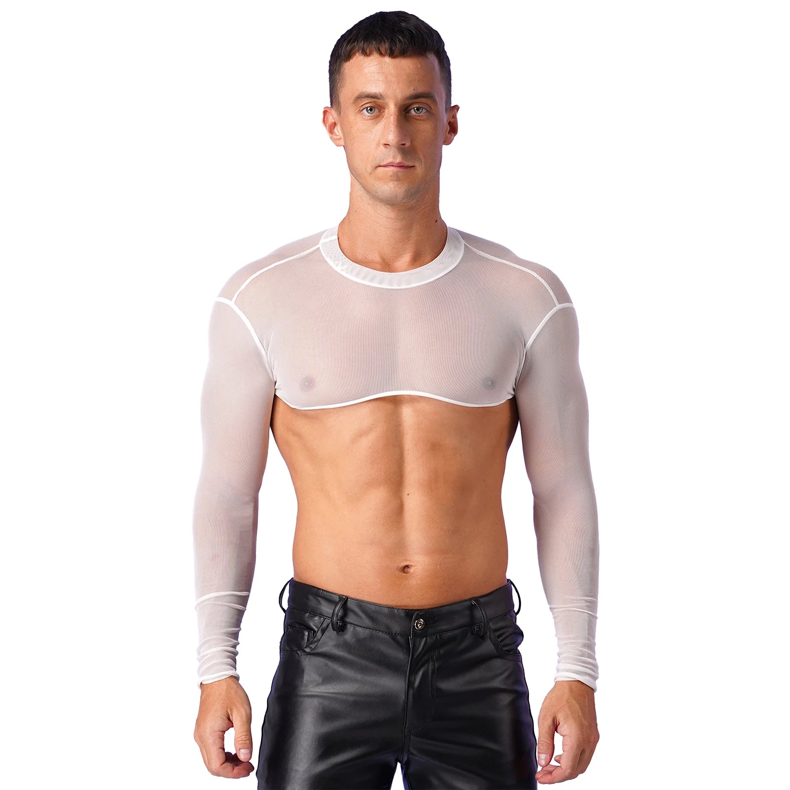 a sexy man in white Underline Sheer Mesh Shrug - pridevoyageshop.com - gay men’s harness, lingerie and fetish wear