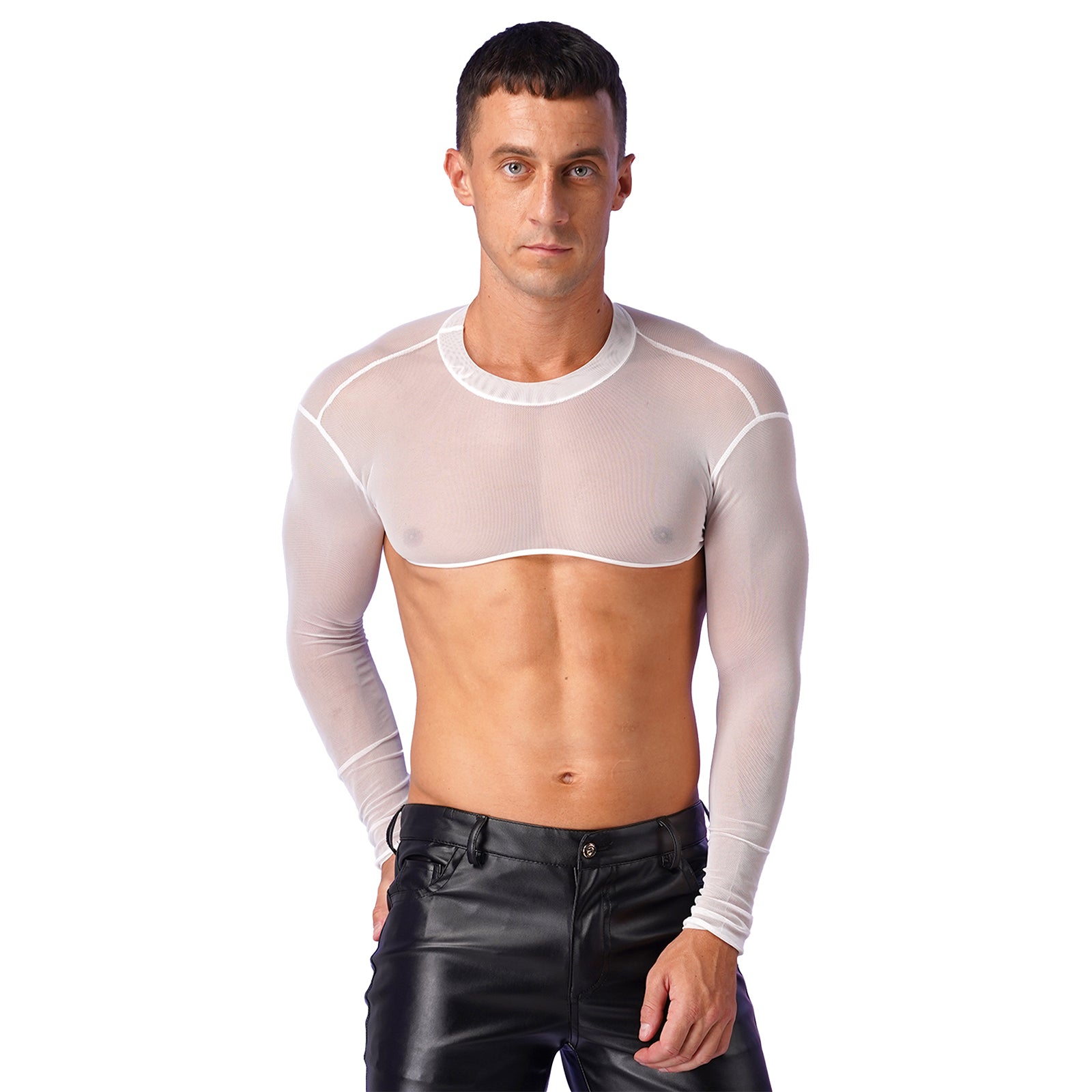 a sexy man in white Underline Sheer Mesh Shrug - pridevoyageshop.com - gay men’s harness, lingerie and fetish wear