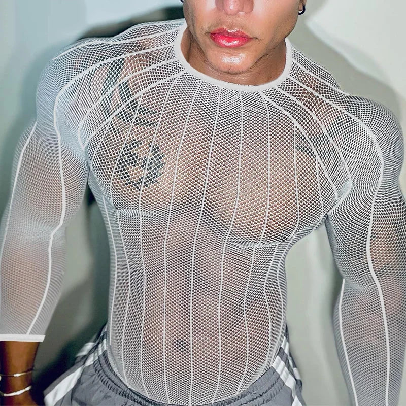 a sexy man in white Veiny Shaft Mesh Long Sleeve - pridevoyageshop.com - gay men’s harness, lingerie and fetish wear
