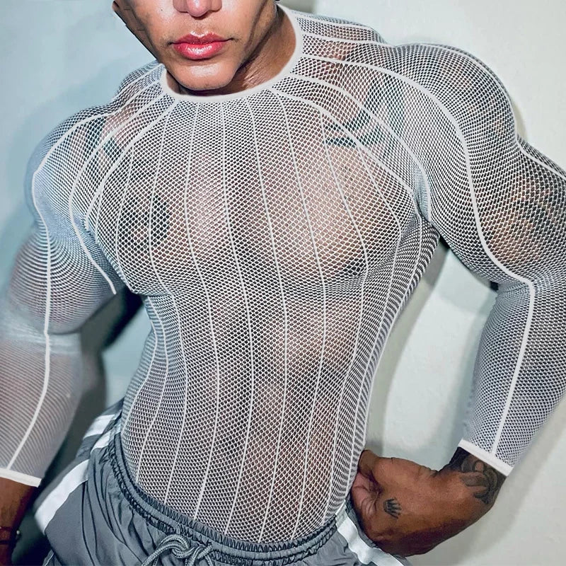 a sexy man in white Veiny Shaft Mesh Long Sleeve - pridevoyageshop.com - gay men’s harness, lingerie and fetish wear