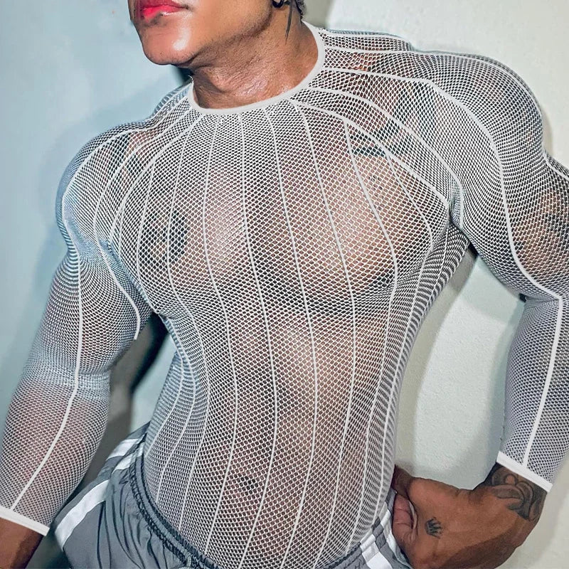 a sexy man in white Veiny Shaft Mesh Long Sleeve - pridevoyageshop.com - gay men’s harness, lingerie and fetish wear
