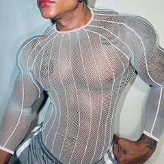 a sexy man in white Veiny Shaft Mesh Long Sleeve - pridevoyageshop.com - gay men’s harness, lingerie and fetish wear