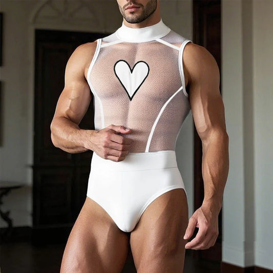 a sexy man in white Wear My Heart Out Mesh Bodysuit – pridevoyageshopcom – gay mens clubwear mesh tanks crop tops fashion tops partywear activewear
