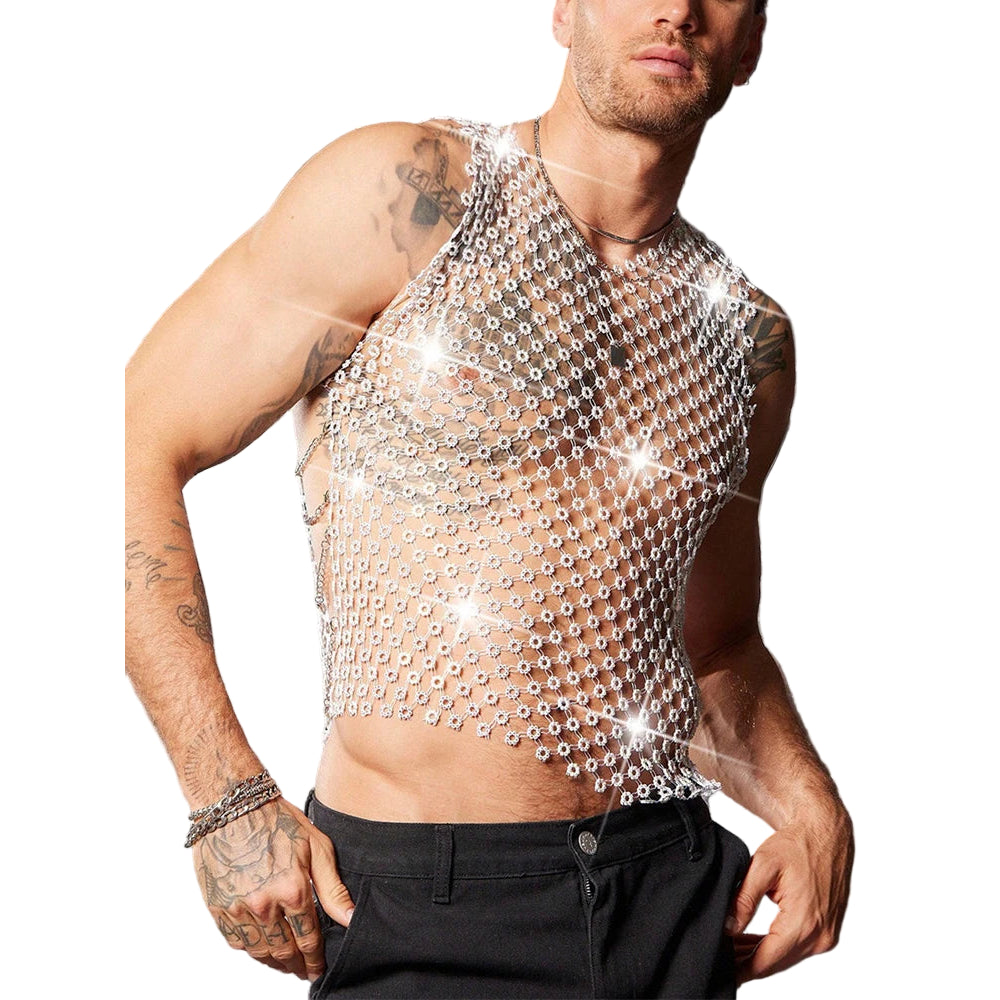 a sexy man in white crystal net tank revealing defined chest and shimmering rhinestones – pridevoyageshop.com – gay men’s harness, lingerie and fetish wear