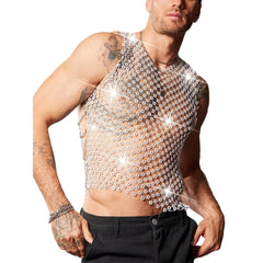 a sexy man in white crystal net tank revealing defined chest and shimmering rhinestones – pridevoyageshop.com – gay men’s harness, lingerie and fetish wear