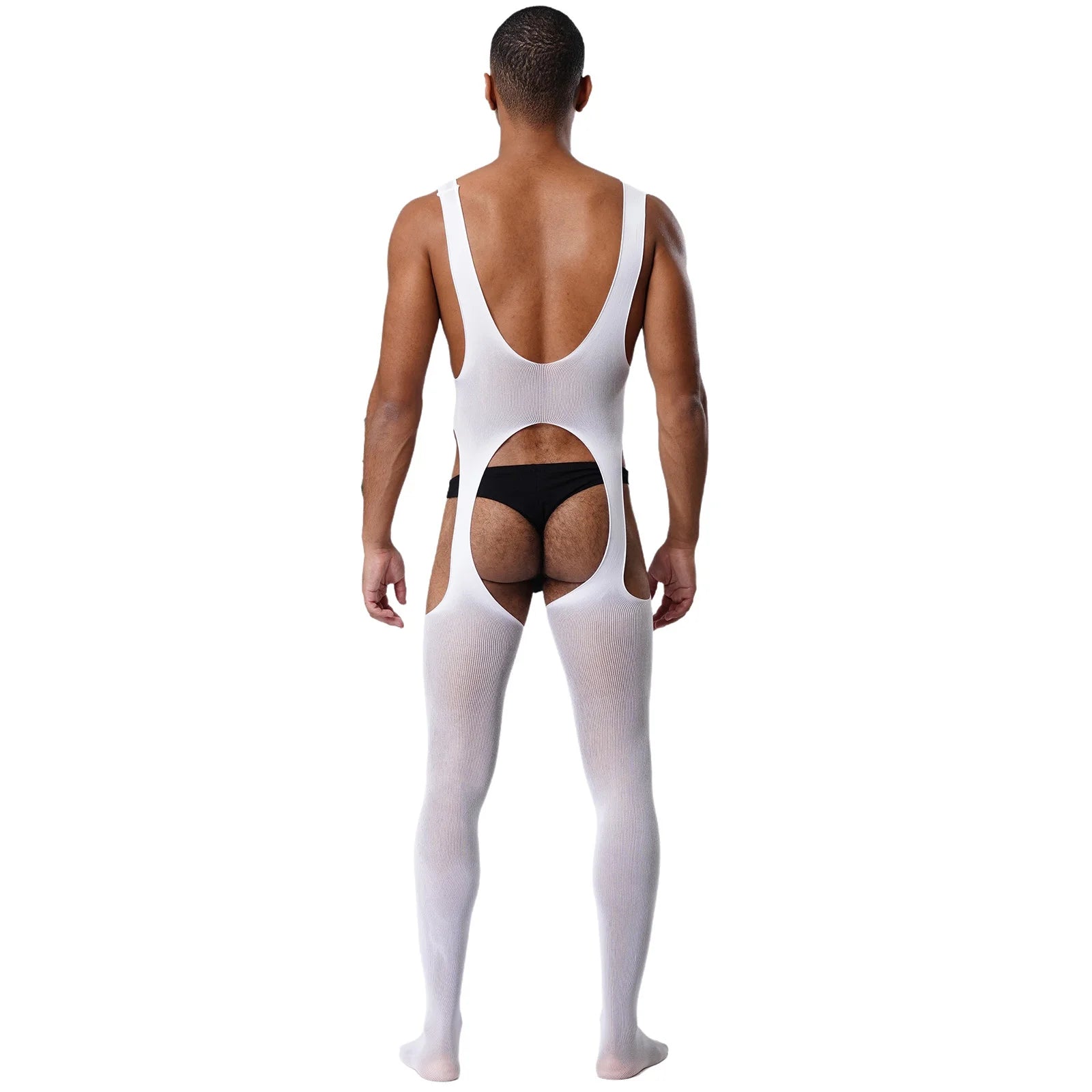a sexy man in white cutout sheer bodystocking, revealing chest cuts and sheer mesh body, angelic kink look – pridevoyageshop.com – gay men’s harness, lingerie and fetish wear