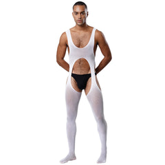 a sexy man in white cutout sheer bodystocking, revealing chest cuts and sheer mesh body, angelic kink look – pridevoyageshop.com – gay men’s harness, lingerie and fetish wear
