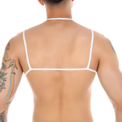 a sexy man in white lace T-bar collar bralette, sheer lace cups with nipple peek and collar strap – pridevoyageshop.com – gay men’s harness, lingerie and fetish wear