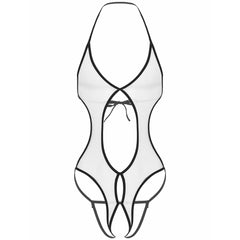 a sexy man in white sheer lace-up bodysuit, lace cups and mesh body, angelic femme kink aesthetic – pridevoyageshop.com – gay men’s harness, lingerie and fetish wear