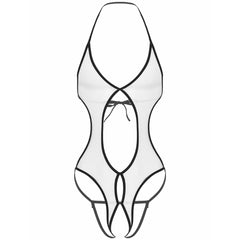 a sexy man in white sheer lace-up bodysuit, lace cups and mesh body, angelic femme kink aesthetic – pridevoyageshop.com – gay men’s harness, lingerie and fetish wear