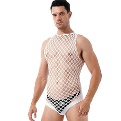 a sexy man in white wide-net tank bodysuit, sheer net body fit showing chest and abs, seductive clubwear look – pridevoyageshop.com – gay men’s harness, lingerie and fetish wear