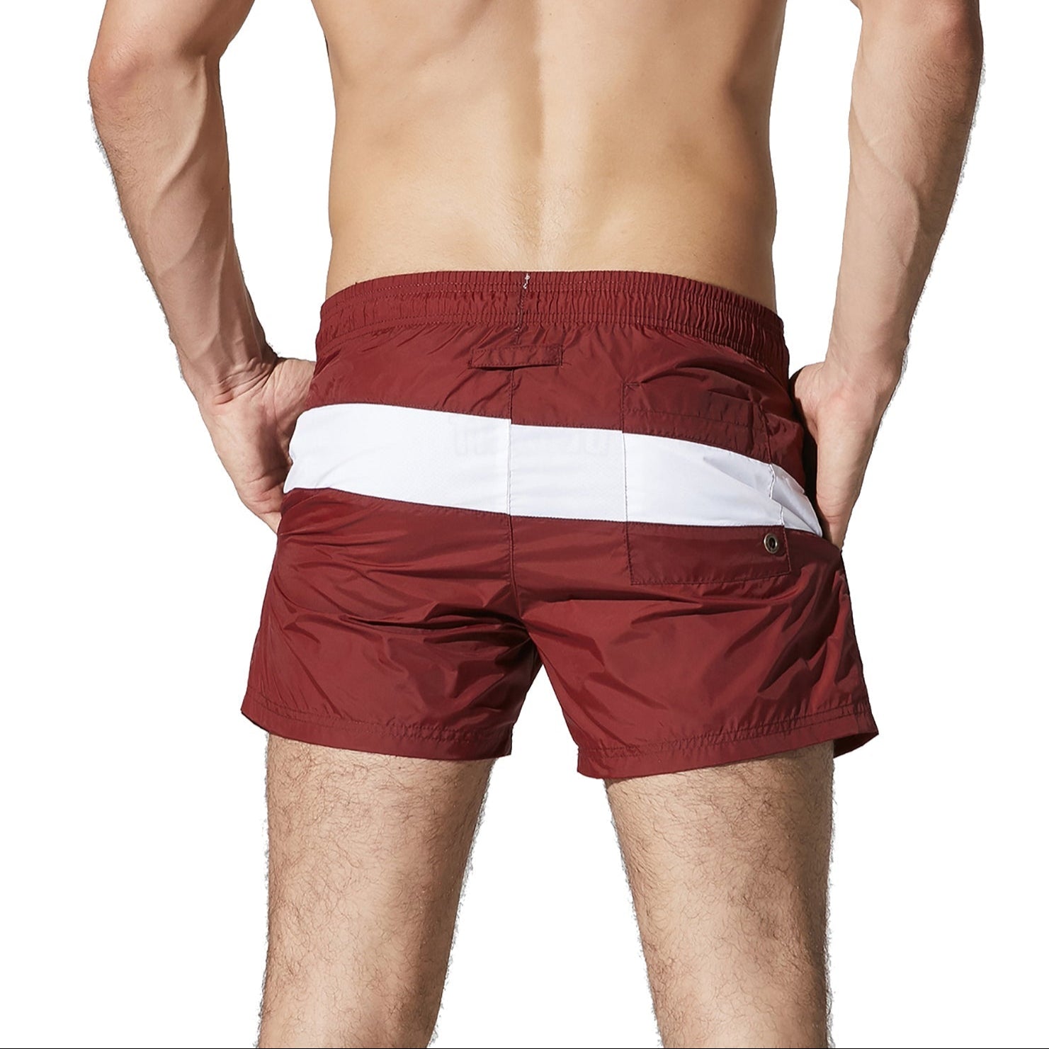 a sexy man in wine red Men’s Block Party Volley Swim Short – pridevoyageshop.com – gay men’s sexy swim briefs, trunks, board shorts, and bikinis